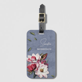Tropical Flowers Dusty Blue Monogram Name Luggage Tag