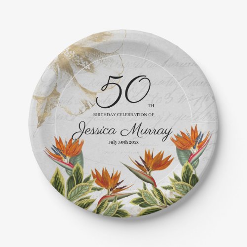 Tropical Flowers Elegant 50th Birthday Modern Paper Plates