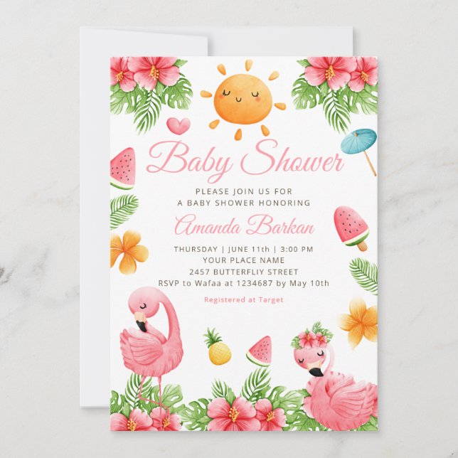 Tropical Flowers Flamingo Beach Girl Baby Shower Invitation (Front)