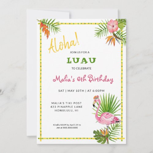 Tropical Flowers  Flamingo Birthday Luau  Invitation