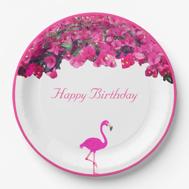 Tropical flowers & flamingo Birthday Paper Plates (Front)