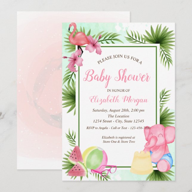 Tropical Flowers Flamingo,Elephant Baby Shower Invitation (Front/Back)