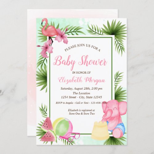 Tropical Flowers FlamingoElephant Baby Shower Invitation