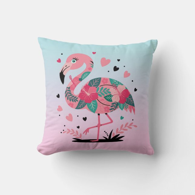 Tropical Flowers Flamingo Throw Pillow (Front)