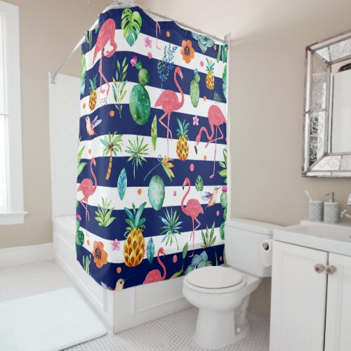 Tropical Flowers  Flamingos Blue  White Stripes Shower Curtain