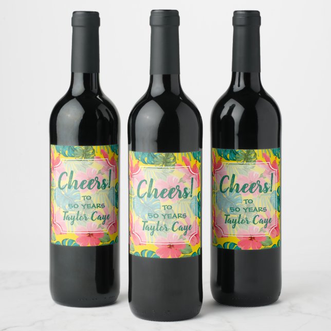 Tropical Flowers Foliage on Bright Yellow Wine Label (Bottles)