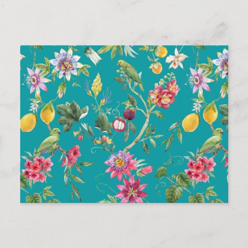 Tropical Flowers Fruit and Birds Teal   Postcard