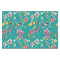 Tropical Flowers, Fruit and Birds Teal Tissue Paper