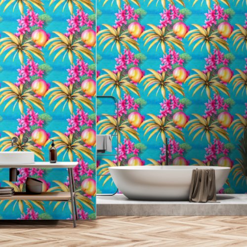 Tropical flowers fruit island blue coastal pattern wallpaper 