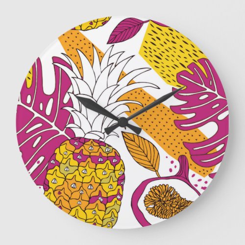 Tropical Flowers Fruits Exotic Print Large Clock