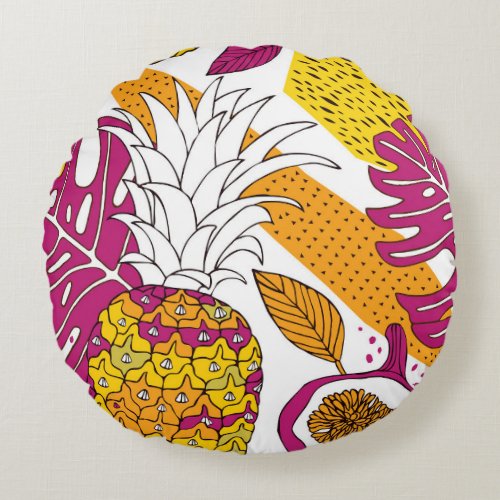 Tropical Flowers Fruits Exotic Print Round Pillow