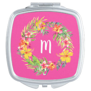 Tropical Flowers Fuchsia Pink Monogram Compact Mirror