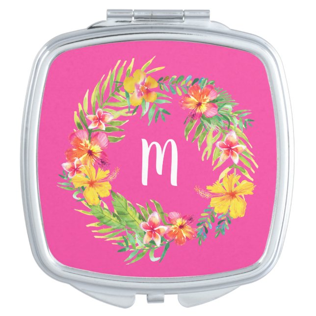 Tropical Flowers Fuchsia Pink Monogram Compact Mirror (Front)