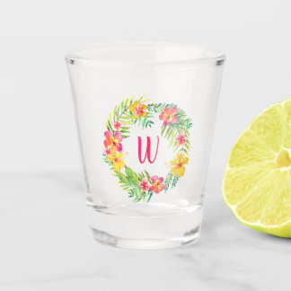 Tropical Flowers Fuchsia Pink Monogram Shot Glass