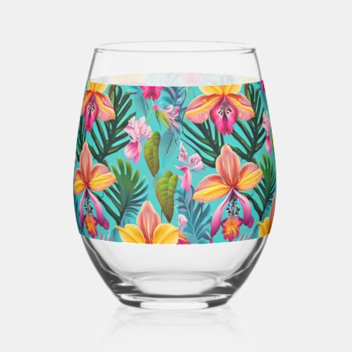 Tropical Flowers Glassware Stemless Wine Glass