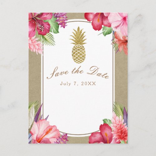 Tropical Flowers  Gold Pineapple Save the Date Announcement Postcard