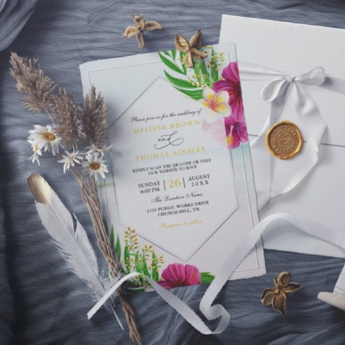 Tropical Flowers Greenery Budget QR Code Wedding Invitation