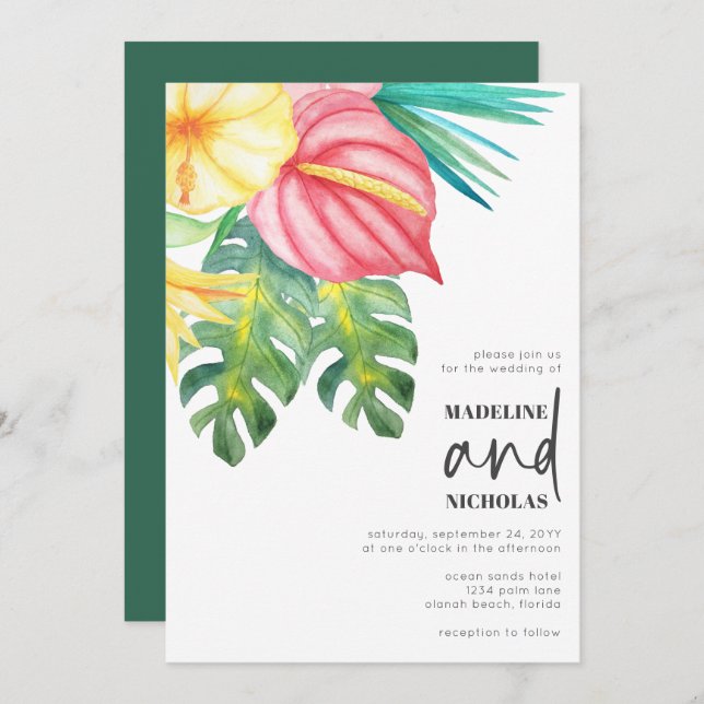 Tropical Flowers Greenery Wedding Invitation (Front/Back)