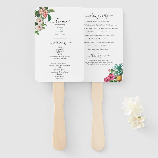 Tropical Flowers & Greenery Wedding Program Hand Fan (Front and Back)