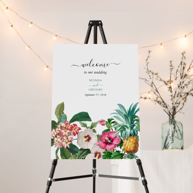 Tropical Flowers & Greenery Wedding Welcome Sign (In Situ (Stand))