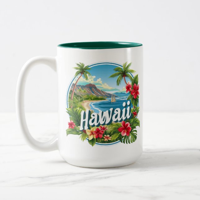 Tropical Flowers Hawaii Beach Mountains Travel Art Two-Tone Coffee Mug (Left)