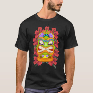 Tropical Flowers Hawaii Tiki Mask Totem Polynesian T-Shirt