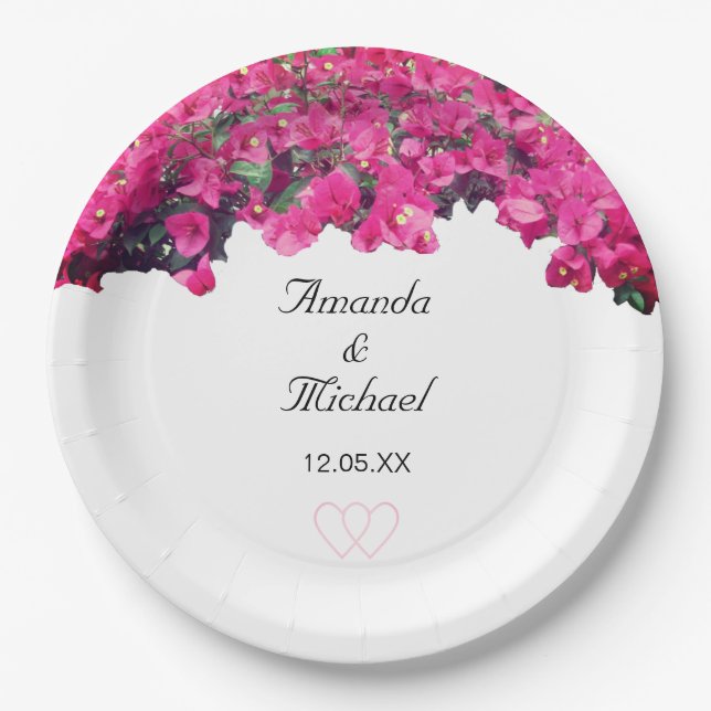 Tropical flowers & hearts wedding paper plates (Front)