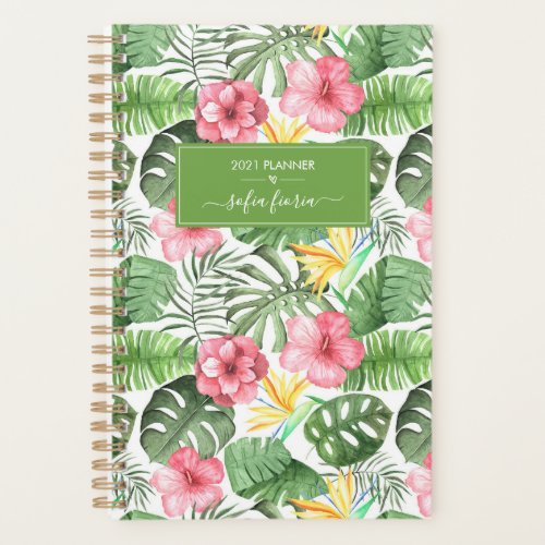 Tropical Flowers Hibiscus Elegant Script Name 2021 Planner