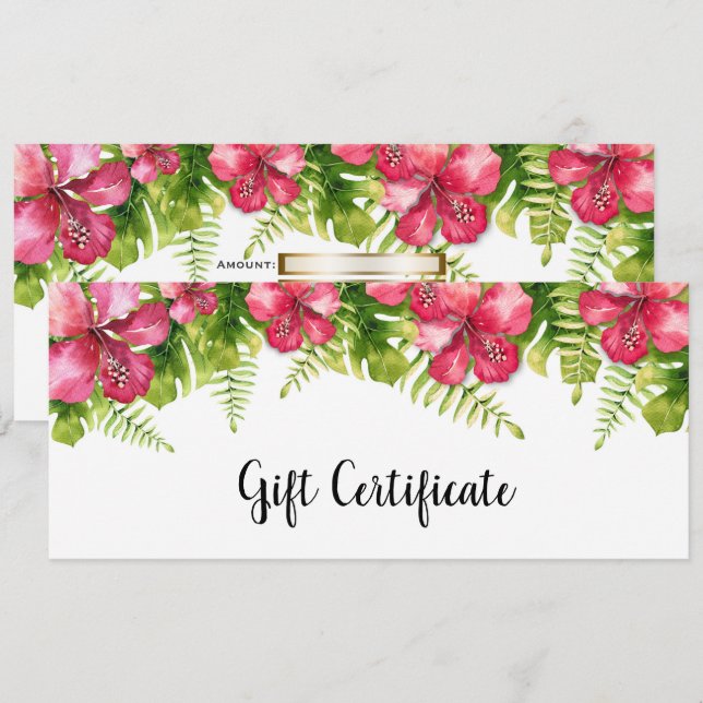 Tropical Flowers Hibiscus Leaves Gift Certificate Invitation (Front/Back)