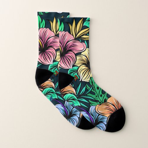 Tropical flowers hibiscus summer socks