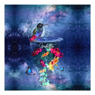 Tropical flowers,hummingbird,butterfly and stars Photo Print
