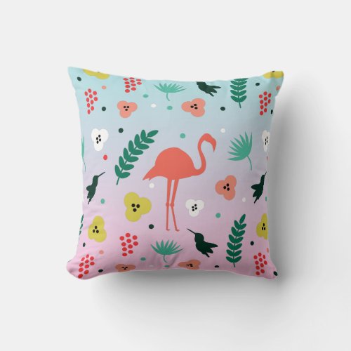 Tropical flowers hummingbird  flamingo pattern throw pillow