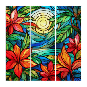 Tropical flowers in moonlight stained glass art