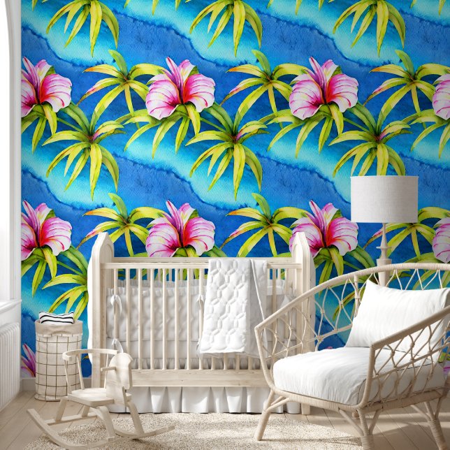 Tropical flowers island leaf turquoise sea coastal wallpaper  (Kids)
