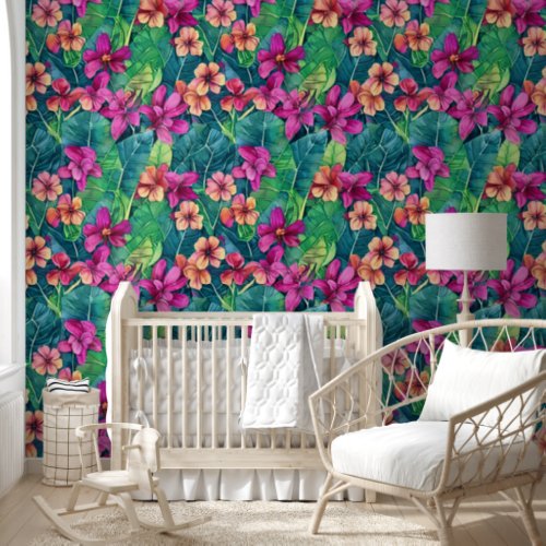 Tropical flowers jungle leaves aloha hawaiian chic wallpaper 