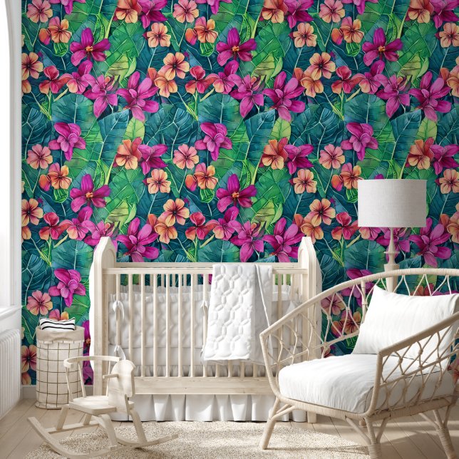 Tropical flowers jungle leaves aloha hawaiian chic wallpaper  (Kids)