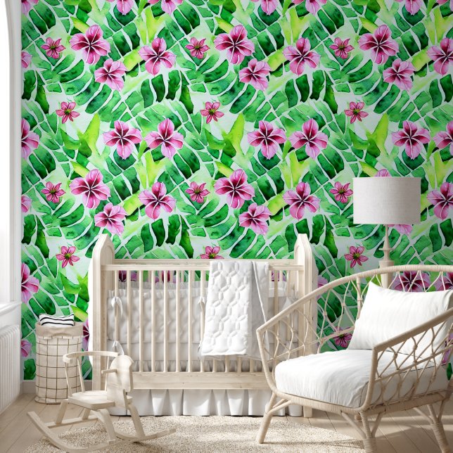 Tropical flowers jungle leaves hawaiian foliage wallpaper  (Kids)