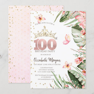Tropical Flowers Leaves Diamonds 100th Birthday Invitation