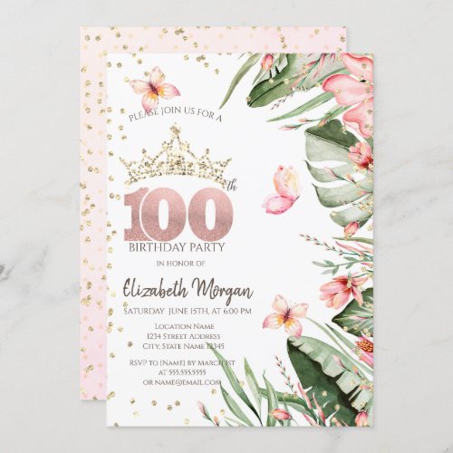 Tropical Flowers Leaves Diamonds 100th Birthday Invitation