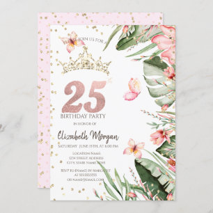 Tropical Flowers Leaves Diamonds 25th Birthday Invitation