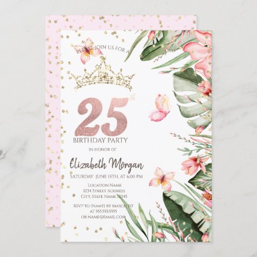 Tropical Flowers Leaves Diamonds 25th Birthday Invitation