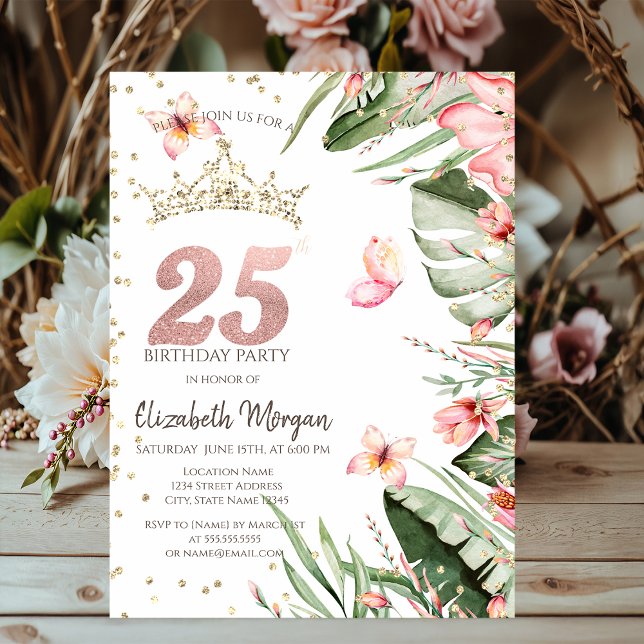 Tropical Flowers Leaves Diamonds 25th Birthday Invitation (Creator Uploaded)