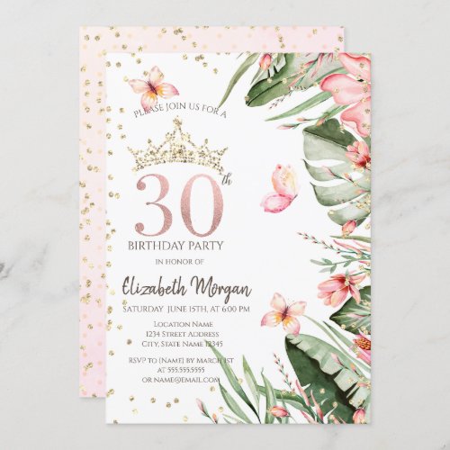 Tropical Flowers Leaves Diamonds 30th Birthday Invitation
