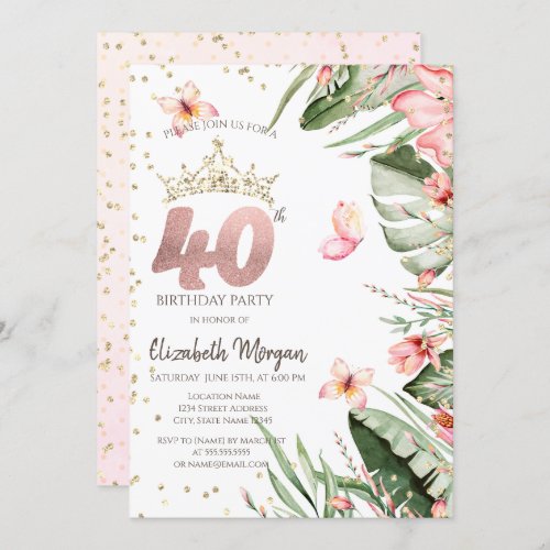 Tropical Flowers Leaves Diamonds 40th Birthday Invitation