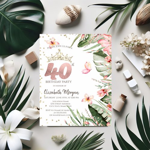 Tropical Flowers Leaves Diamonds 40th Birthday Invitation