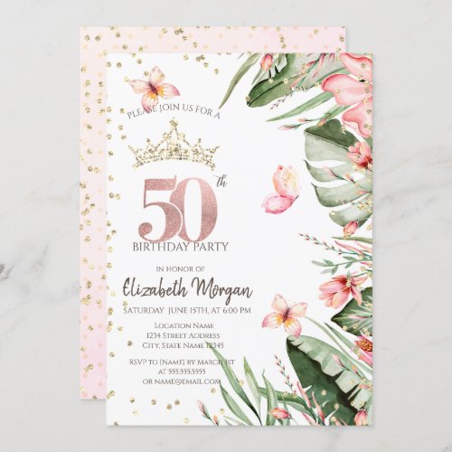 Tropical Flowers Leaves Diamonds 50th Birthday Invitation