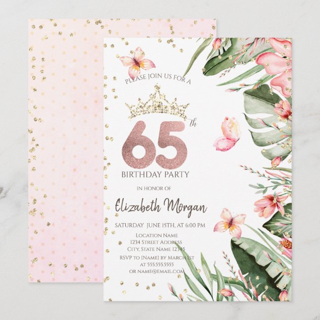 Tropical Flowers Leaves Diamonds 65th Birthday Invitation (Front/Back)
