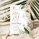 Tropical Flowers Leaves Diamonds 70th Birthday Invitation<br><div class="desc">Gold tiara,  tropical flowers and diamonds on a white background.</div>