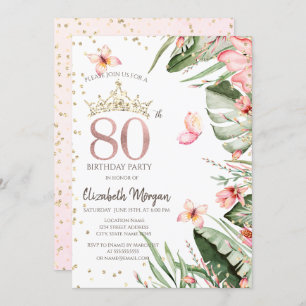 Tropical Flowers Leaves Diamonds 80th Birthday Invitation