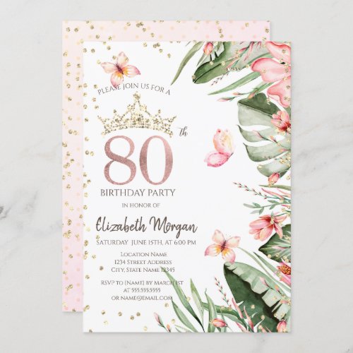 Tropical Flowers Leaves Diamonds 80th Birthday Invitation